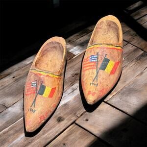 Vintage 1945 WWII Belgian Souvenir Wooden Clogs Hand Painted US & Belgium Flags
